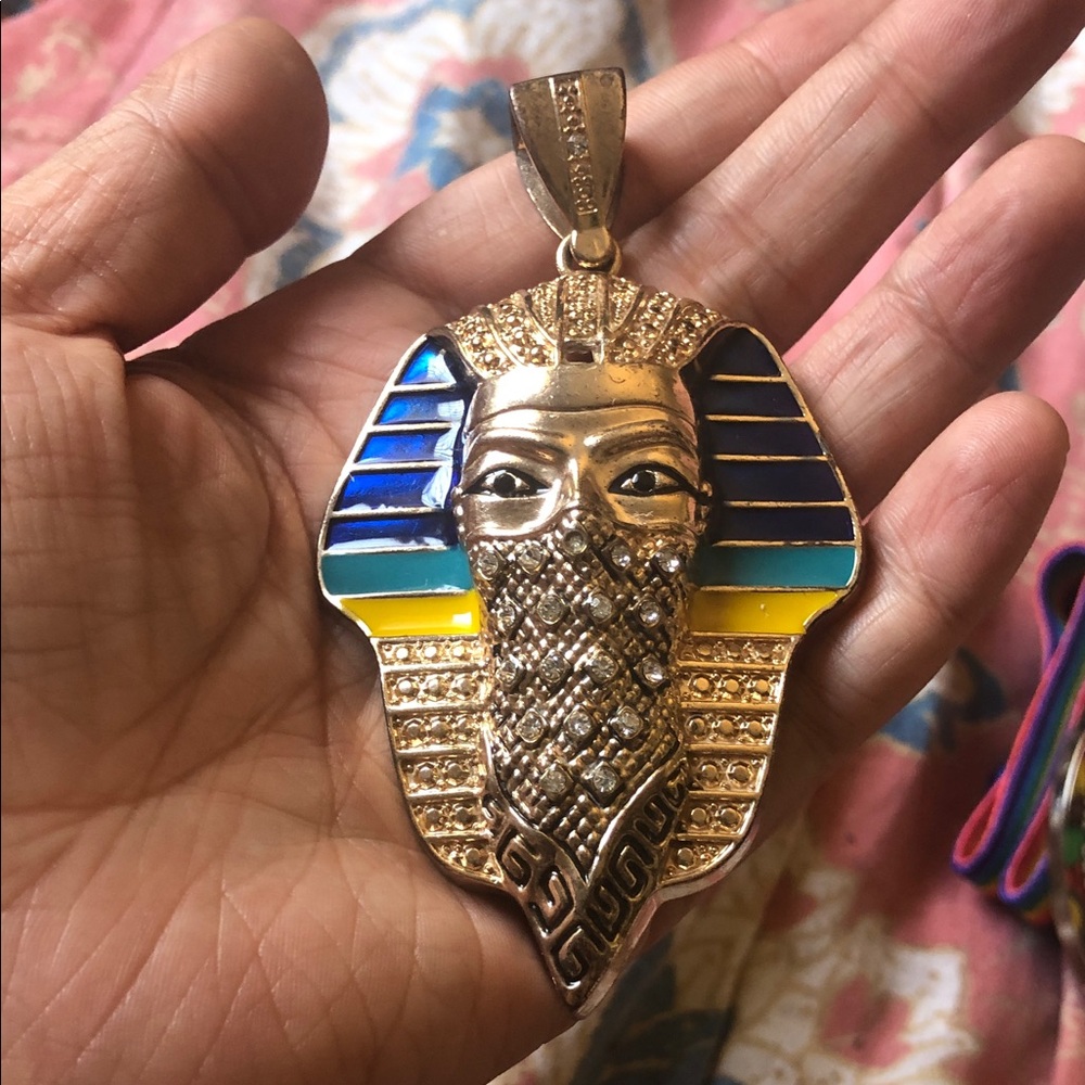 Gold-Tone Egyptian Pharaoh Pendant Necklace with Blue and Yellow Enamel